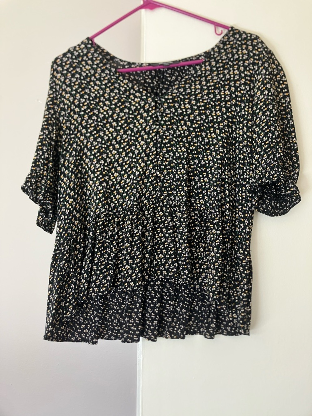 Madewell Courtyard Ruffle Hem Black Playground Posies Floral Short Sleeve M